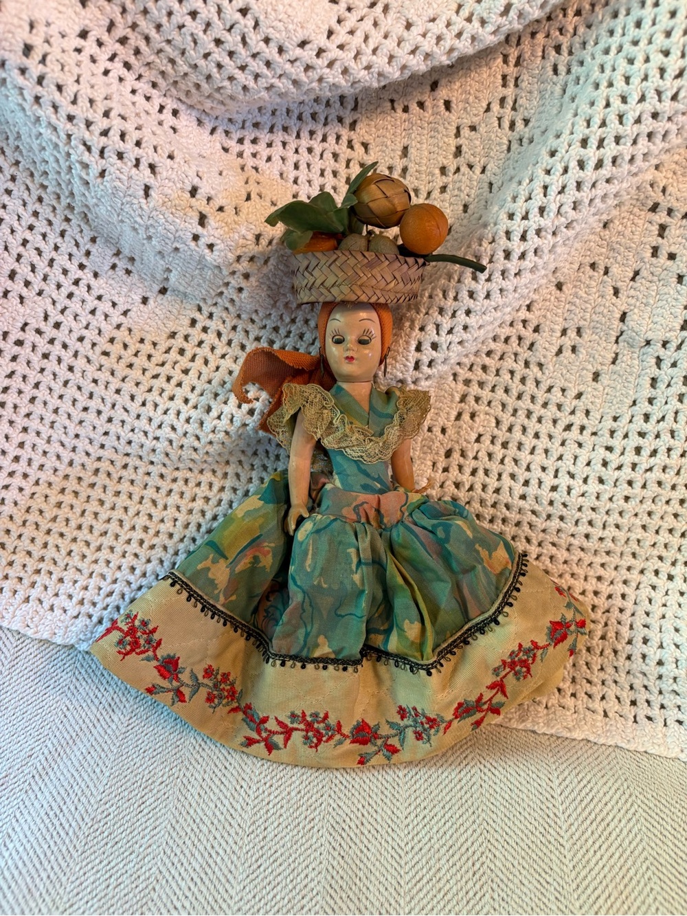 Handcrafted Green and Tan Decorative Doll in Basket Hat